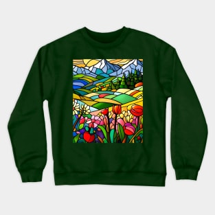 Stained Glass Colorful Mountain Meadow Crewneck Sweatshirt